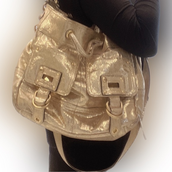 JUICY COUTURE Gold Leather Drawstring Animal Print Metallic Shoulder Bag Purse x - Picture 4 of 17